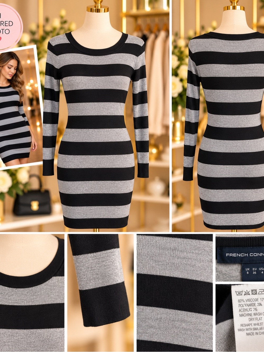 French Connection Black and Gray Striped Long-Sleeve Bodycon Dress